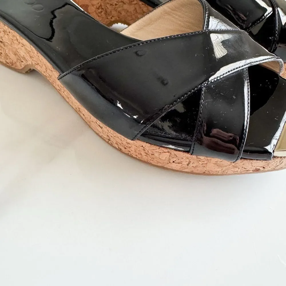 Jimmy Choo Patent Leather Cork Wedge Slide Sandals Black EU 40.5